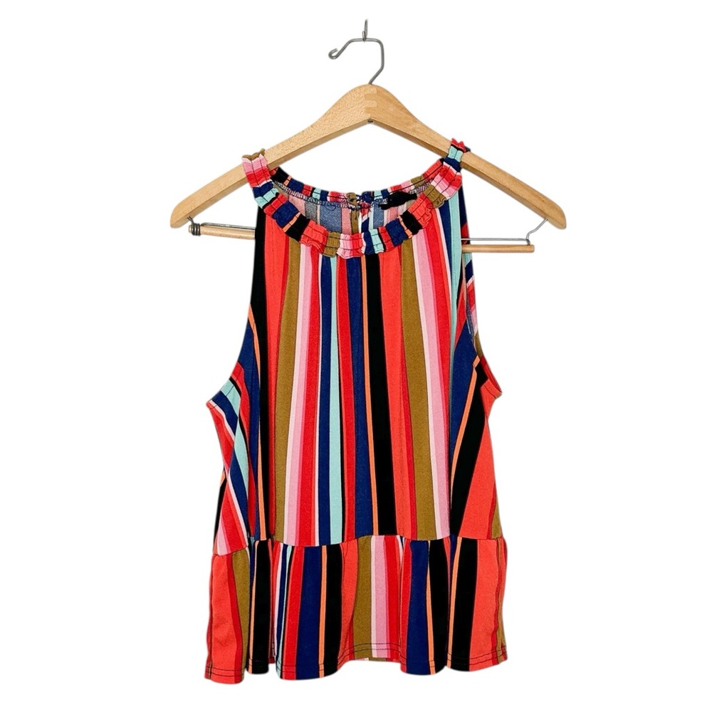 Fifty Street Womens Colorful Stripe High Neck Sleeveless Peplum Blouse Large L
